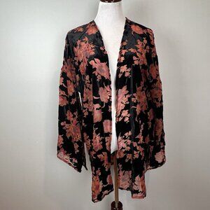 Peach Love Kimono Top Womens Small Black Pink Floral Burnout Velvet Open Boho